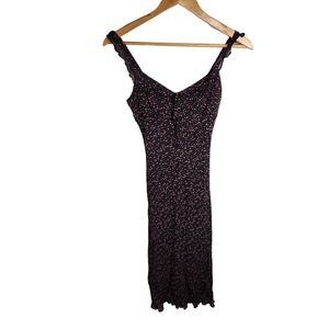 Vintage 90s Y2K Black Floral Midi Dress Flutter Sleeve Lined Whimsigoth Grunge‎